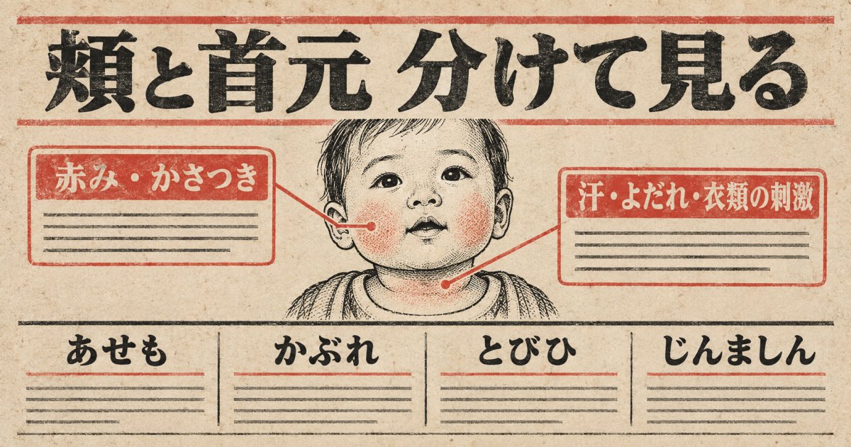 頬の赤みと首元のぶつぶつは、部位と経過を分けて見る
